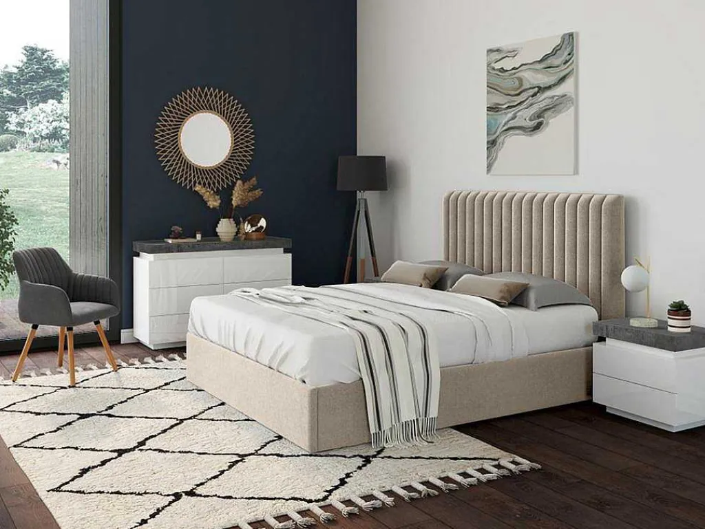 Kofferbed En Hoofdeinde Met Verticale Stiksels - 180 X 200 Cm - Stof - Beige - Sarah-Vente-unique Clearance