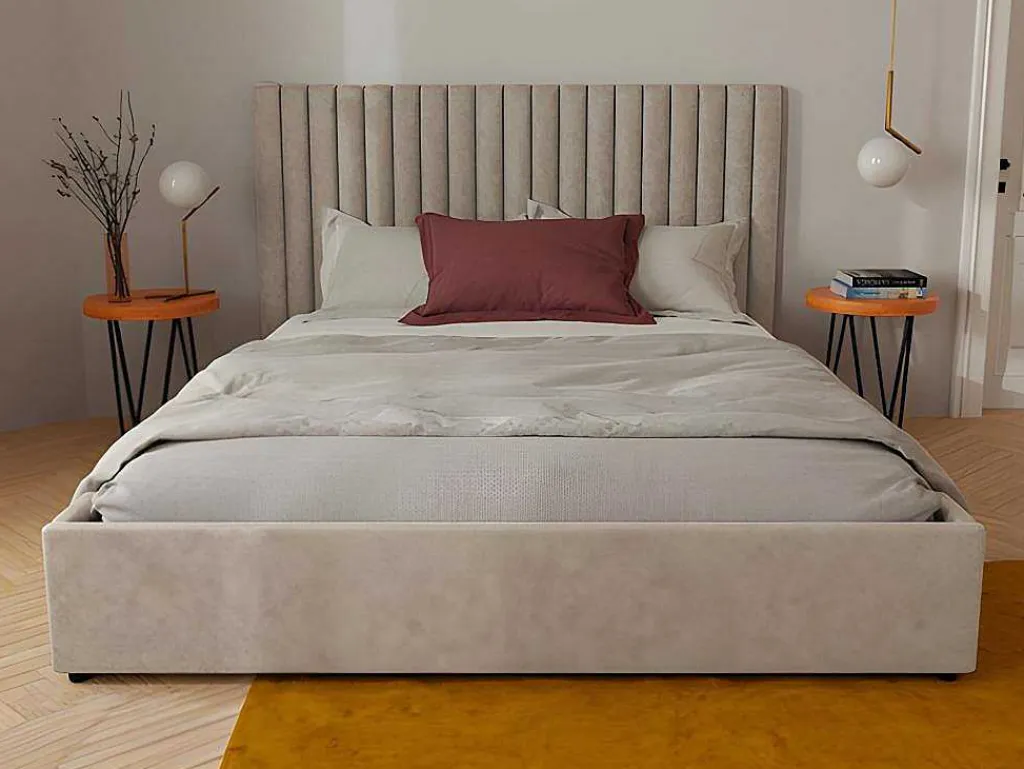 Kofferbed En Hoofdeinde Met Verticale Stiksels - 180 X 200 Cm - Stof - Beige - Sarah-Vente-unique Clearance