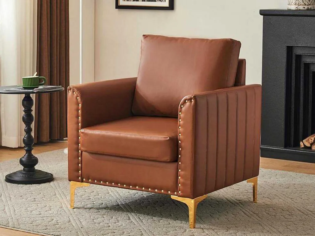 Kunstleren Chesterfield Fauteuil Met Dik Kussen - Goud Metalen Poten - Bruin-ModernLuxe Best