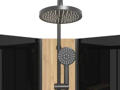 Kwartcirkelvormige Douchecabine Met Massagestralen En Paneel In Bamboe - Zwart - L90 X B90 X H225 Cm - Tiloma-Shower & Design Best