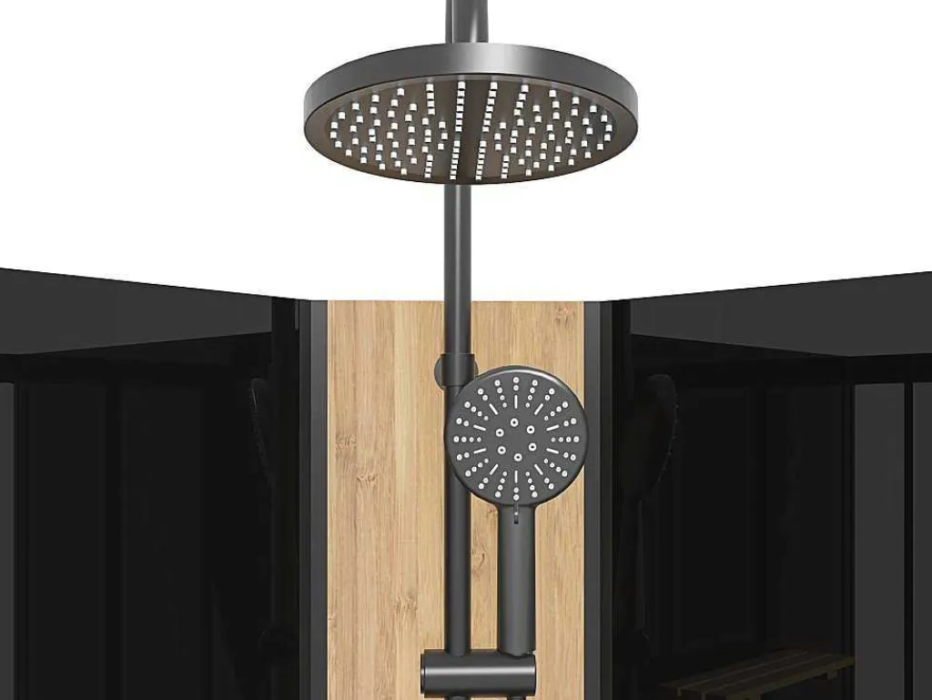 Kwartcirkelvormige Douchecabine Met Massagestralen En Paneel In Bamboe - Zwart - L90 X B90 X H225 Cm - Tiloma-Shower & Design Best