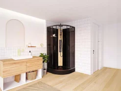 Kwartcirkelvormige Douchecabine Met Massagestralen En Paneel In Bamboe - Zwart - L90 X B90 X H225 Cm - Tiloma-Shower & Design Best