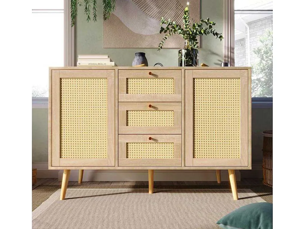Ladekast 120 X 82 X 40 Cm Met 2 Deuren En 3 Laden In Rotan En Sonoma Eiken, Verstelbare Plank, Beige-Vente-unique Clearance