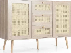 Ladekast 120 X 82 X 40 Cm Met 2 Deuren En 3 Laden In Rotan En Sonoma Eiken, Verstelbare Plank, Beige-Vente-unique Clearance
