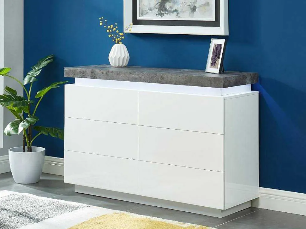 Ladekast Halo Ii - 6 Lades - Gelakt Mdf - Met Ledverlichting - Kleur: Wit En Beton-Vente-unique Discount