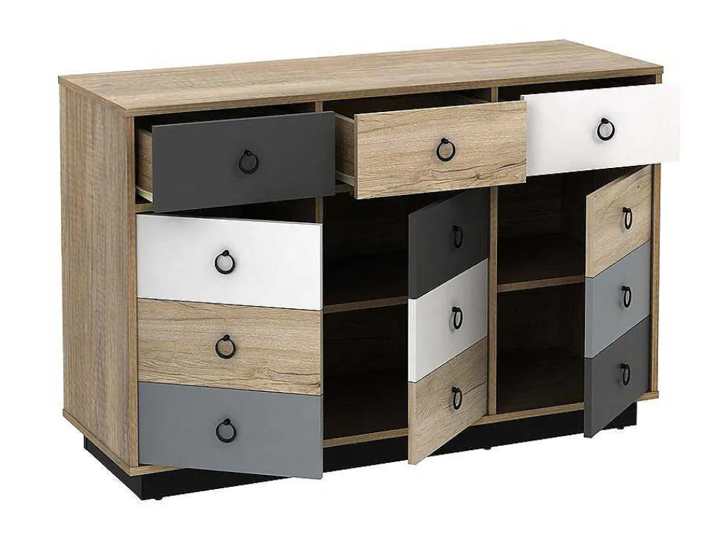 Ladekast Krypton - 3 Lades En 3 Deuren - Kleuren: Eiken, Wit En Grijs-Vente-unique Outlet