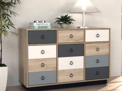 Ladekast Krypton - 3 Lades En 3 Deuren - Kleuren: Eiken, Wit En Grijs-Vente-unique Outlet
