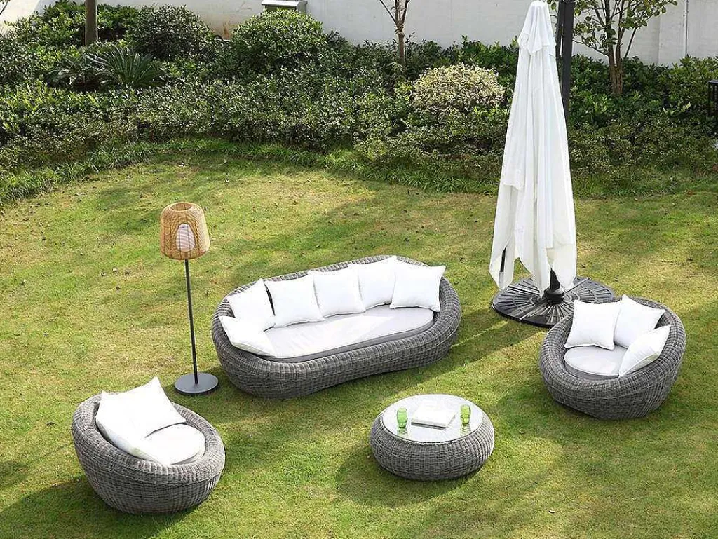 Loungeset Van Geweven Hars - Grijs - Zitbank, 2 Fauteuils En Salontafel - Whiteheaven-MYLIA Sale