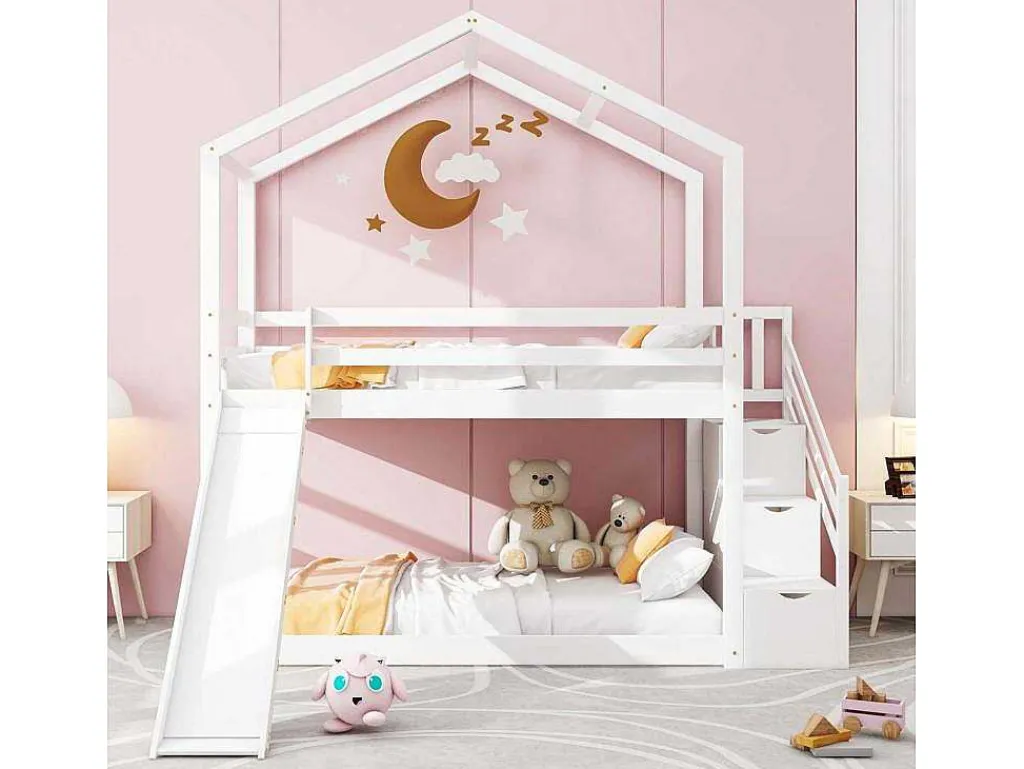 Massief Grenen Stapelbed 90X200Cm - Met Opbergtrap En Glijbaan - Wit-ModernLuxe New