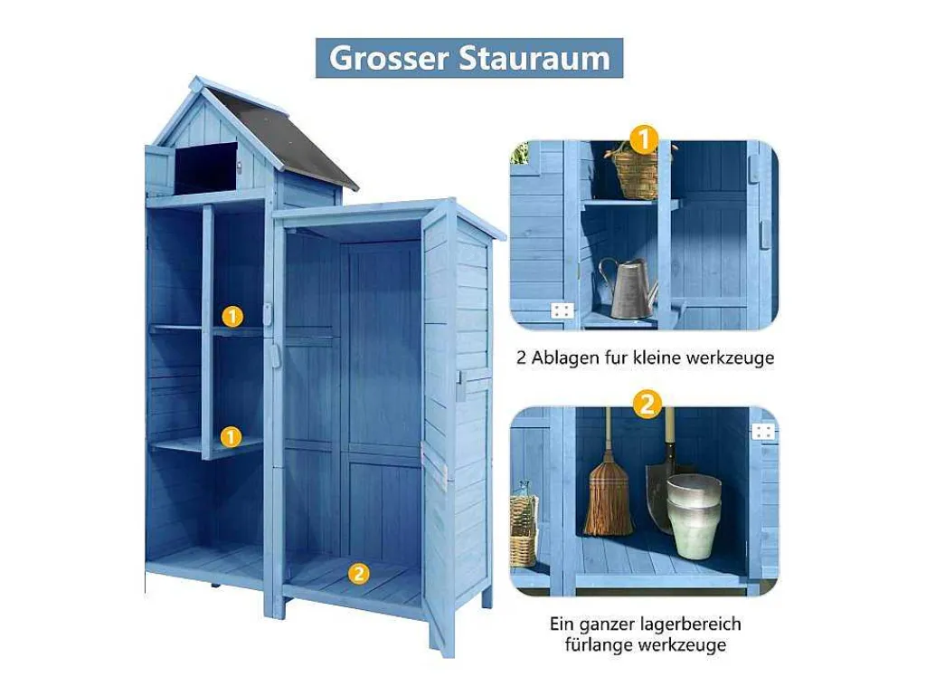 Massief Houten Tuinhuis Met Pvc Schuin Dak - 2 Planken 3 Klapdeuren - L118 X D54 X H173 Cm - Blauw-Vente-unique Clearance