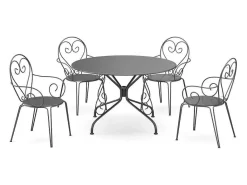 Metalen Tuineethoek Met Gietijzeren Stijl: Een Tafel D120 Cm En 4 Opstapelbare Fauteuils - Antraciet - Guermantes Van-MYLIA Outlet