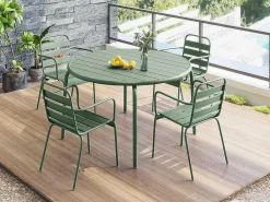 Metalen Tuinsalon Mirmande - Tafel D110 Cm + 4 Stapelbare Fauteuils - Amandelgroen-MYLIA Discount