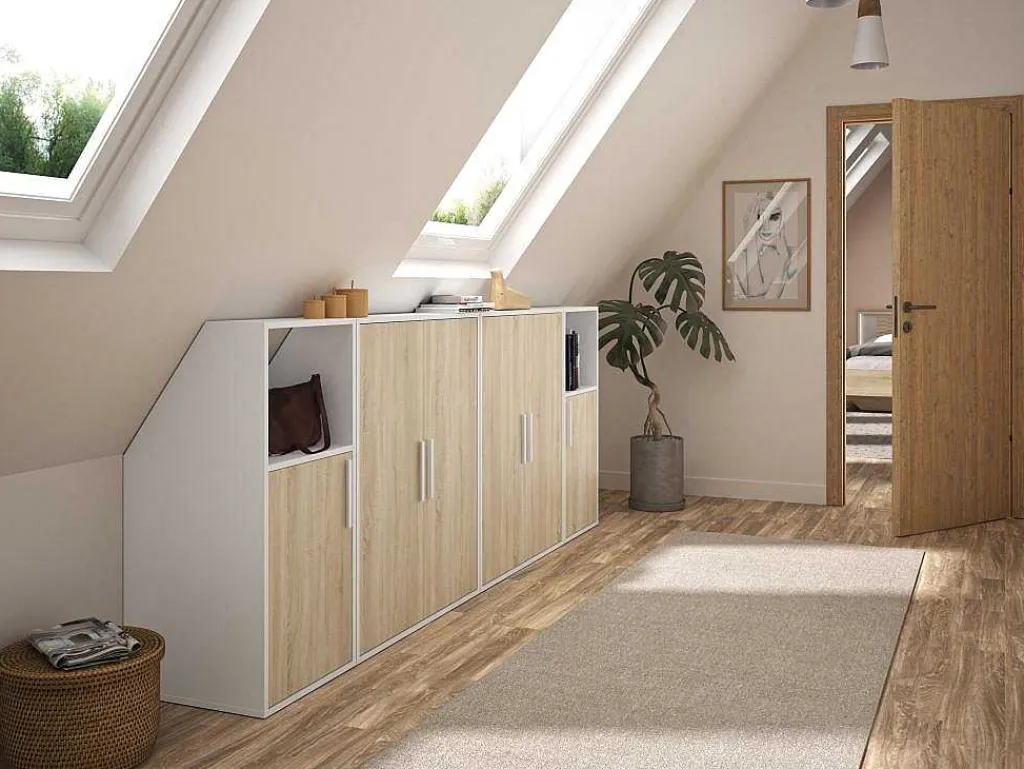 Meubel Voor Onder Een Hellend Dak 6 Deuren En 2 Nissen - Wit En Naturel - Adezio-Vente-unique Hot