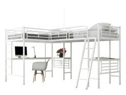 Mezzaninebed - 2 Bedden 90X200 Cm - 2 Bureaus Onder Het Bed - Wit-ModernLuxe Online