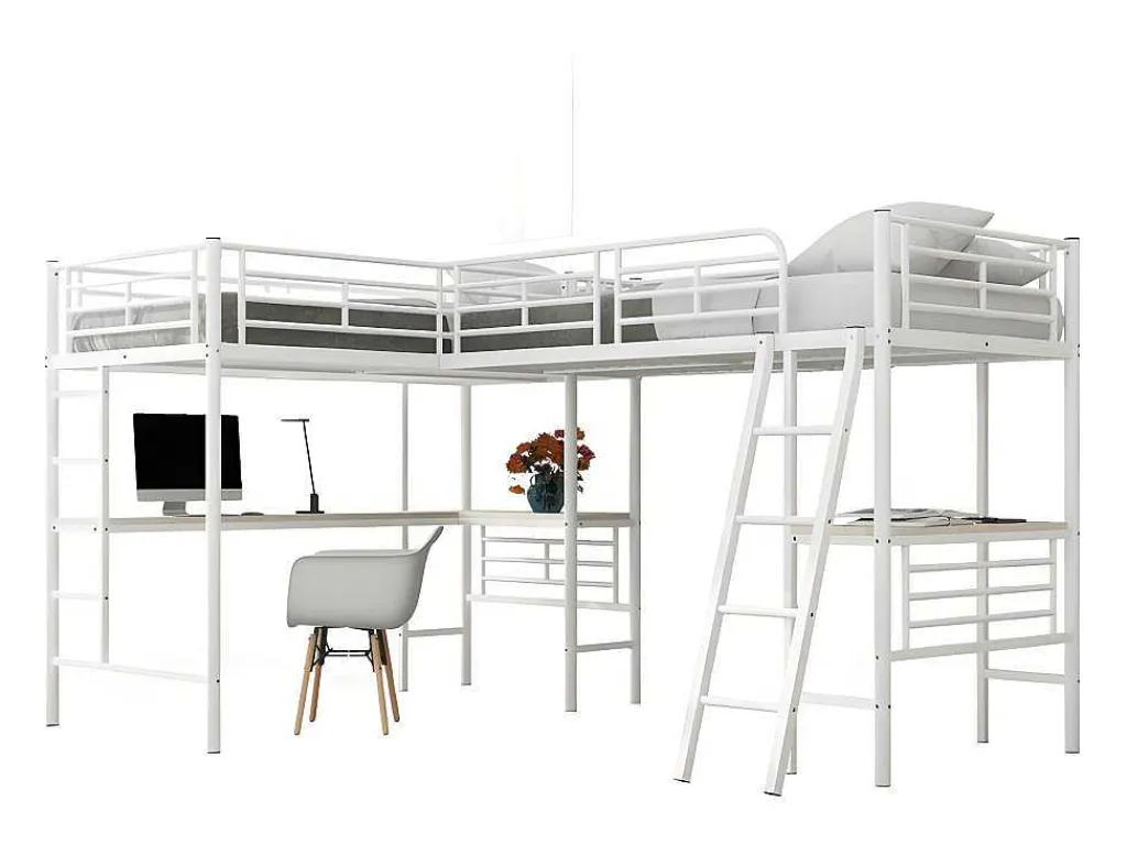 Mezzaninebed - 2 Bedden 90X200 Cm - 2 Bureaus Onder Het Bed - Wit-ModernLuxe Online