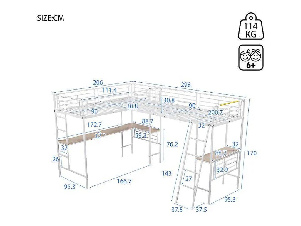 Mezzaninebed - 2 Bedden 90X200 Cm - 2 Bureaus Onder Het Bed - Wit-ModernLuxe Online