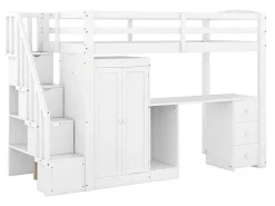 Mezzaninebed 90 X 200 Met Kledingkast En Trap, Bureau En Lades - Grenen + Mdf - Wit-Vente-unique New