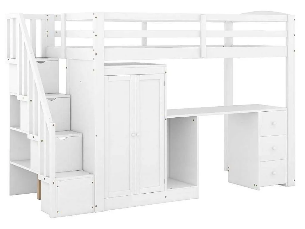 Mezzaninebed 90 X 200 Met Kledingkast En Trap, Bureau En Lades - Grenen + Mdf - Wit-Vente-unique New