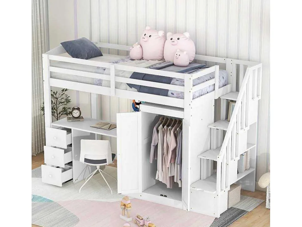 Mezzaninebed 90 X 200 Met Kledingkast En Trap, Bureau En Lades - Grenen + Mdf - Wit-Vente-unique New
