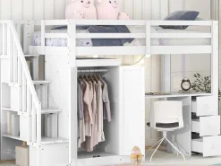 Mezzaninebed 90 X 200 Met Kledingkast En Trap, Bureau En Lades - Grenen + Mdf - Wit-Vente-unique New