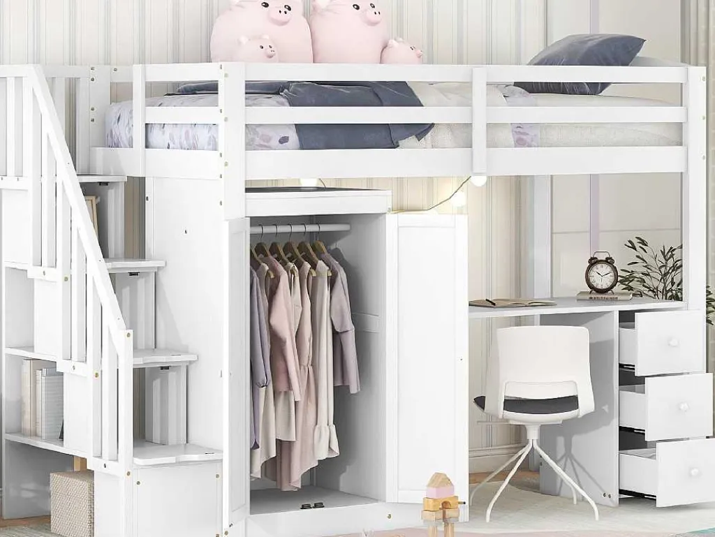 Mezzaninebed 90 X 200 Met Kledingkast En Trap, Bureau En Lades - Grenen + Mdf - Wit-Vente-unique New