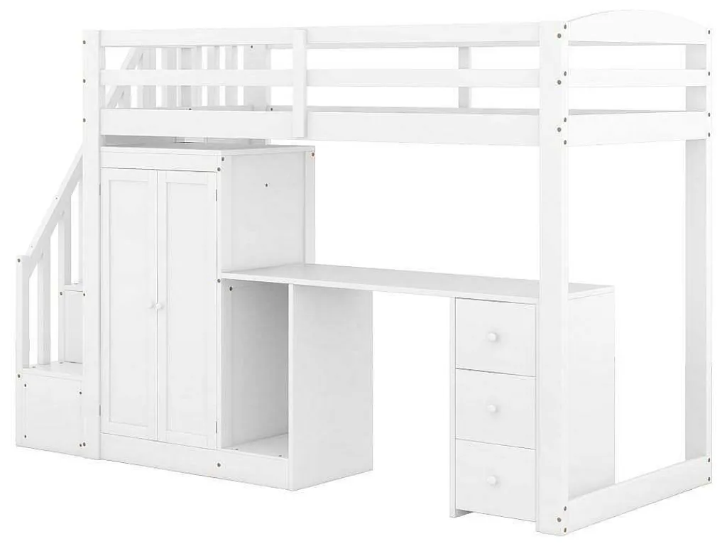 Mezzaninebed 90 X 200 Met Kledingkast En Trap, Bureau En Lades - Grenen + Mdf - Wit-Vente-unique New