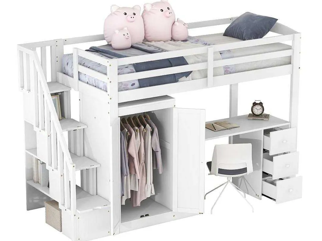 Mezzaninebed 90 X 200 Met Kledingkast En Trap, Bureau En Lades - Grenen + Mdf - Wit-Vente-unique New