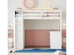 Mezzaninebed 90X200 Cm - Met Opbergmeubel En Bureau - Massief Hout - Wit-ModernLuxe Best