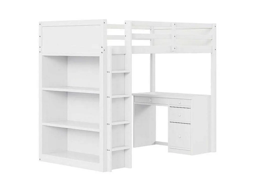 Mezzaninebed 90X200 Cm - Met Opbergmeubel En Bureau - Massief Hout - Wit-ModernLuxe Best