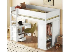 Mezzaninebed 90X200Cm - Multifunctioneel Kinderbed - Voorzien Van Kledingkast En Bureau - In Massief Grenen - Wit-ModernLuxe Outlet