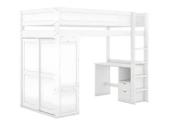 Mezzaninebed 90X200Cm - Multifunctioneel Kinderbed - Voorzien Van Kledingkast En Bureau - In Massief Grenen - Wit-ModernLuxe Outlet