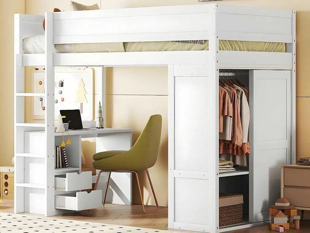 Mezzaninebed 90X200Cm - Multifunctioneel Kinderbed - Voorzien Van Kledingkast En Bureau - In Massief Grenen - Wit-ModernLuxe Outlet