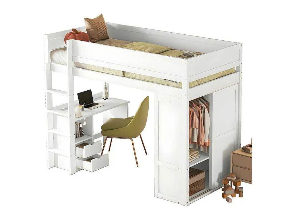 Mezzaninebed 90X200Cm - Multifunctioneel Kinderbed - Voorzien Van Kledingkast En Bureau - In Massief Grenen - Wit-ModernLuxe Outlet