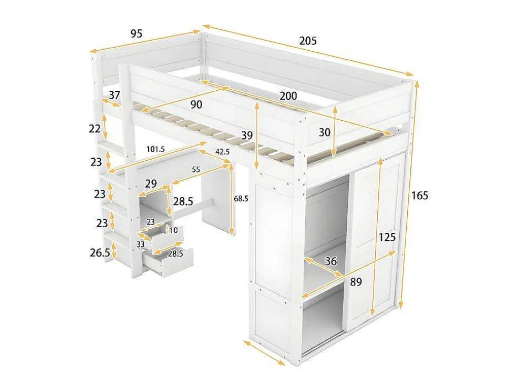 Mezzaninebed 90X200Cm - Multifunctioneel Kinderbed - Voorzien Van Kledingkast En Bureau - In Massief Grenen - Wit-ModernLuxe Outlet