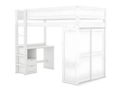 Mezzaninebed 90X200Cm - Multifunctioneel Kinderbed - Voorzien Van Kledingkast En Bureau - In Massief Grenen - Wit-ModernLuxe Outlet