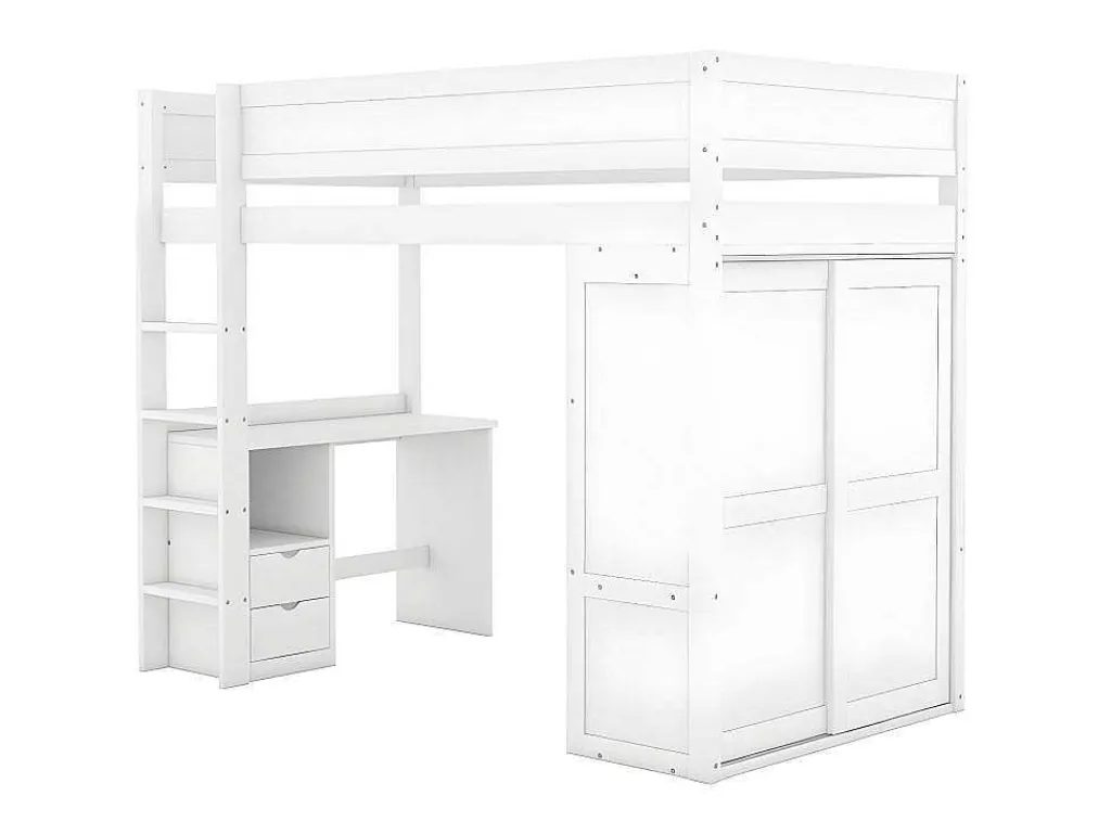 Mezzaninebed 90X200Cm - Multifunctioneel Kinderbed - Voorzien Van Kledingkast En Bureau - In Massief Grenen - Wit-ModernLuxe Outlet