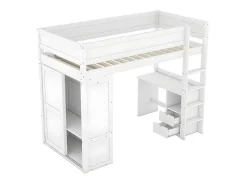 Mezzaninebed 90X200Cm - Multifunctioneel Kinderbed - Voorzien Van Kledingkast En Bureau - In Massief Grenen - Wit-ModernLuxe Outlet