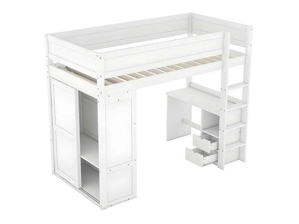Mezzaninebed 90X200Cm - Multifunctioneel Kinderbed - Voorzien Van Kledingkast En Bureau - In Massief Grenen - Wit-ModernLuxe Outlet