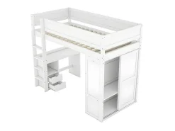 Mezzaninebed 90X200Cm - Multifunctioneel Kinderbed - Voorzien Van Kledingkast En Bureau - In Massief Grenen - Wit-ModernLuxe Outlet