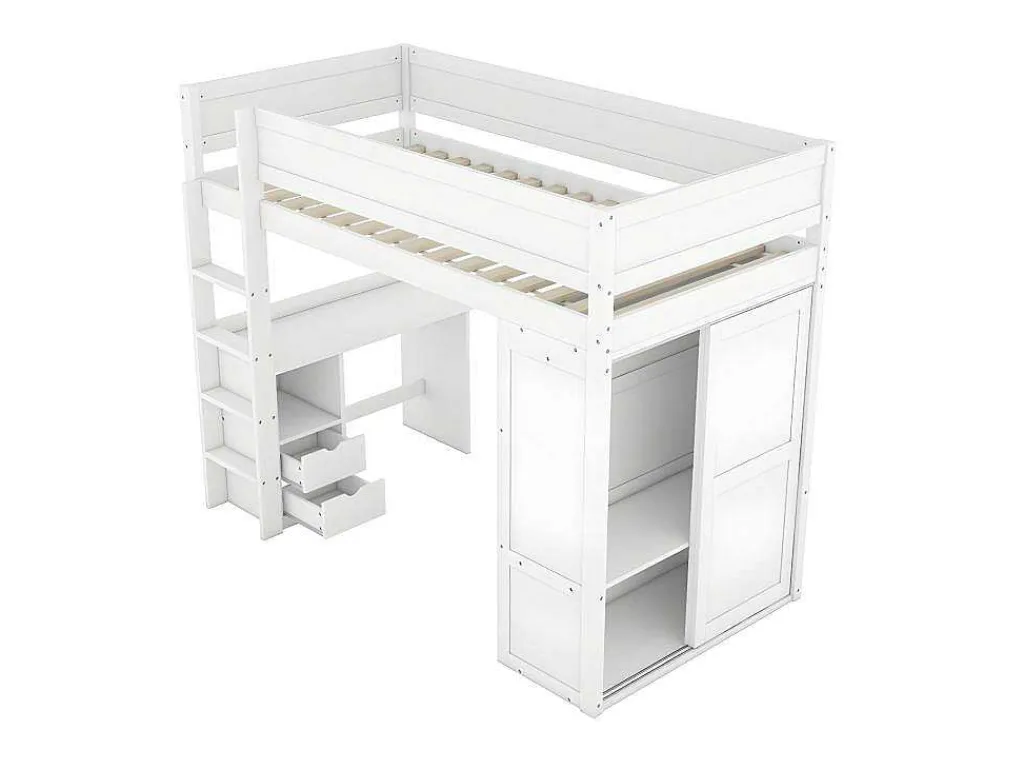 Mezzaninebed 90X200Cm - Multifunctioneel Kinderbed - Voorzien Van Kledingkast En Bureau - In Massief Grenen - Wit-ModernLuxe Outlet