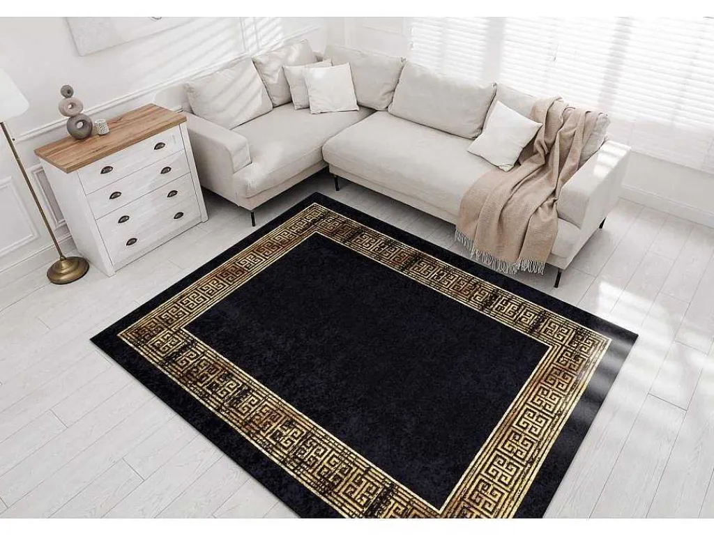 Miro 51223.806 Tapijt Wasbaar Kader, Grieks Antislip - Zwart / Goud 200X290 Cm-RugsX Outlet