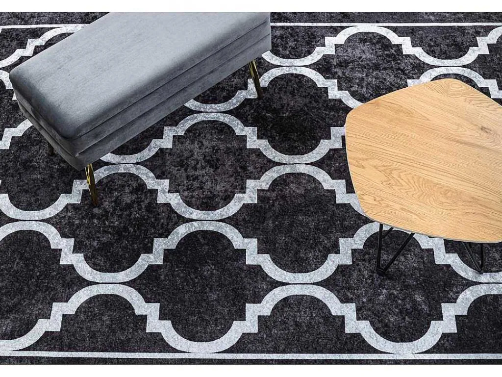 Miro 51639.806 Tapijt Wasbaar Trellis Geruite Antislip - Zwart 200X290 Cm-RugsX Online
