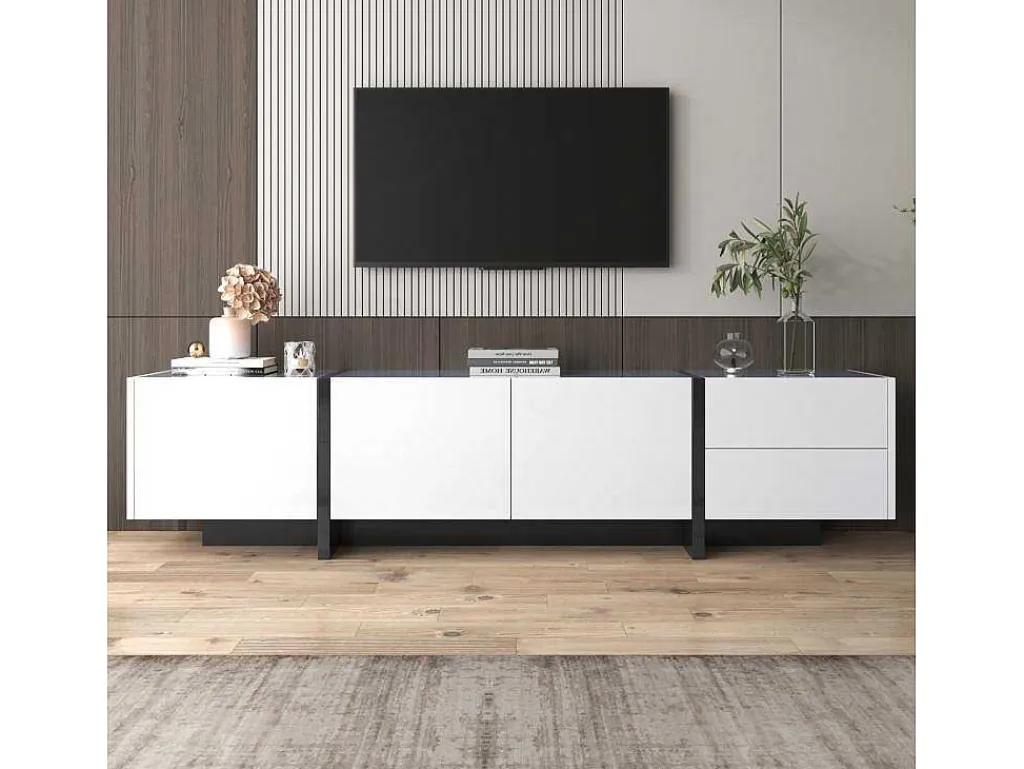 Modern Tv-Meubel 190Cm Met 3 Deuren En 2 Lades - Glanzend Wit & Zwart-ModernLuxe Outlet