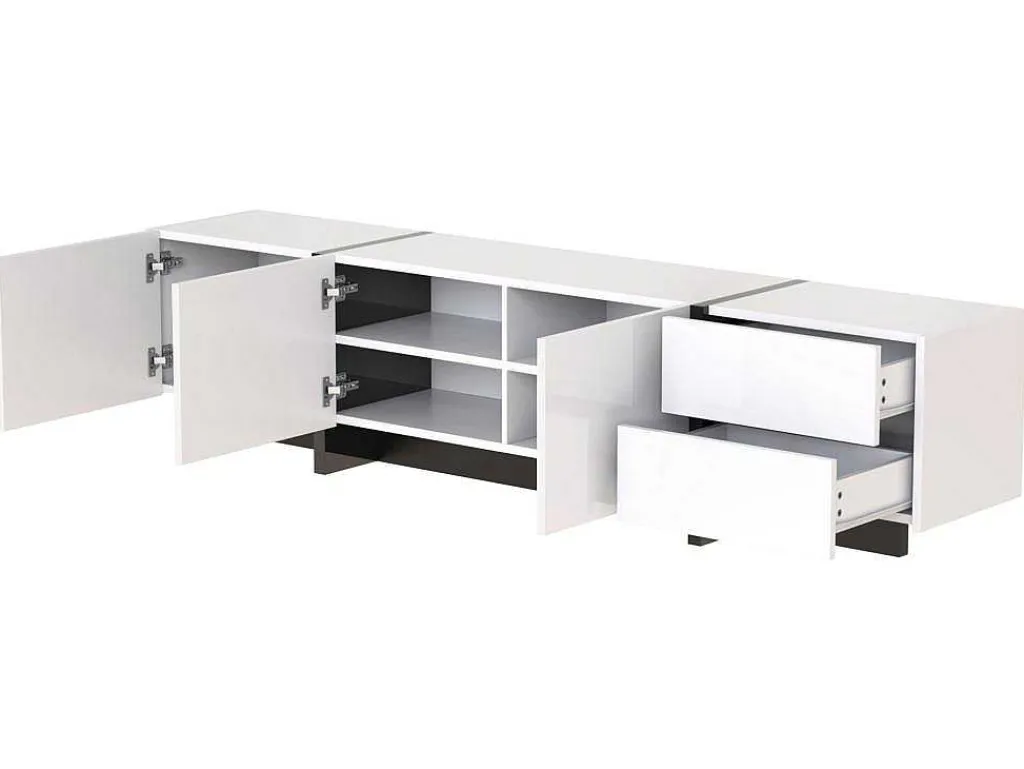 Modern Tv-Meubel 190Cm Met 3 Deuren En 2 Lades - Glanzend Wit & Zwart-ModernLuxe Outlet