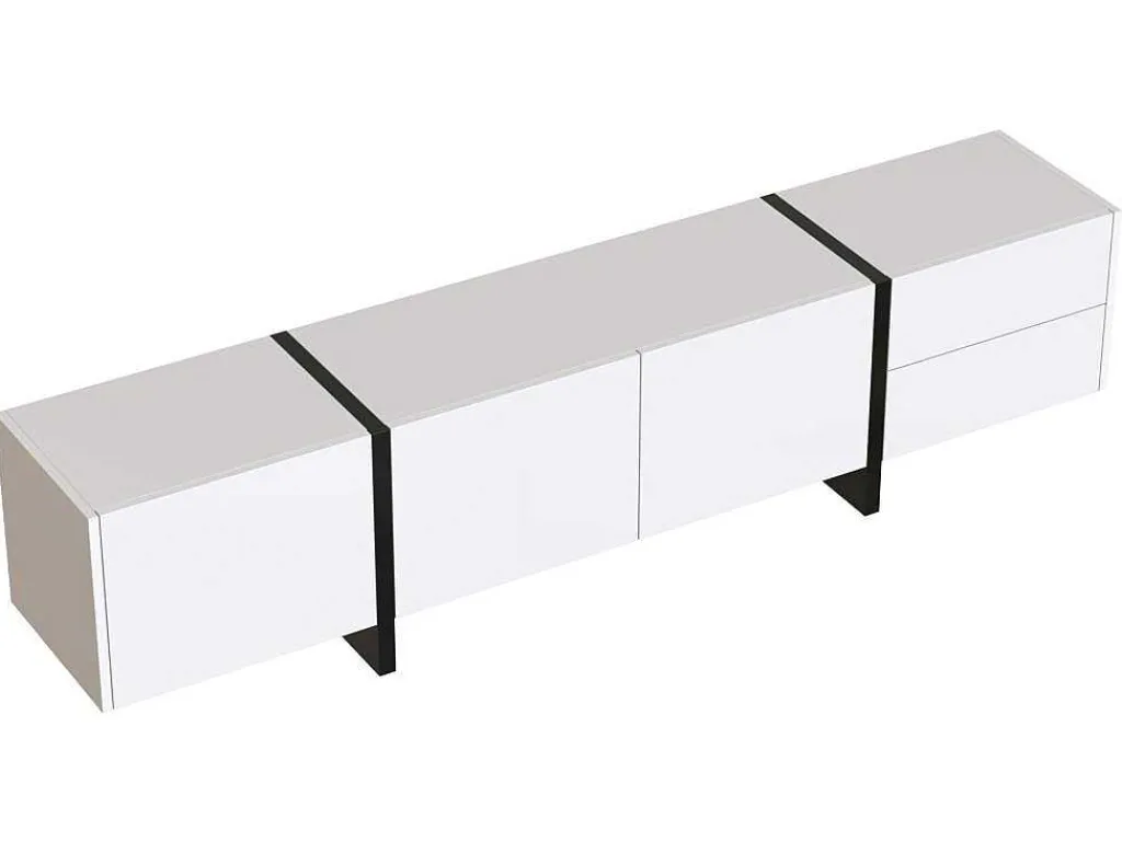Modern Tv-Meubel 190Cm Met 3 Deuren En 2 Lades - Glanzend Wit & Zwart-ModernLuxe Outlet