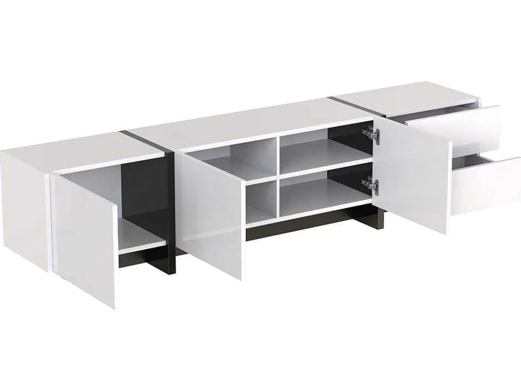 Modern Tv-Meubel 190Cm Met 3 Deuren En 2 Lades - Glanzend Wit & Zwart-ModernLuxe Outlet