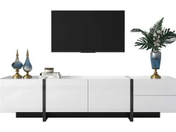 Modern Tv-Meubel 190Cm Met 3 Deuren En 2 Lades - Glanzend Wit & Zwart-ModernLuxe Outlet