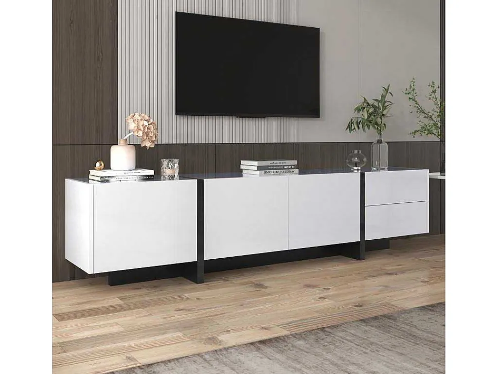 Modern Tv-Meubel 190Cm Met 3 Deuren En 2 Lades - Glanzend Wit & Zwart-ModernLuxe Outlet