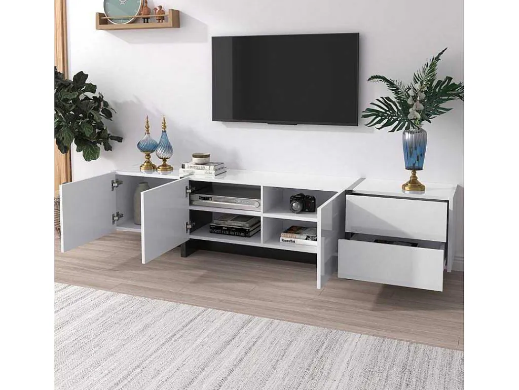 Modern Tv-Meubel 190Cm Met 3 Deuren En 2 Lades - Glanzend Wit & Zwart-ModernLuxe Outlet