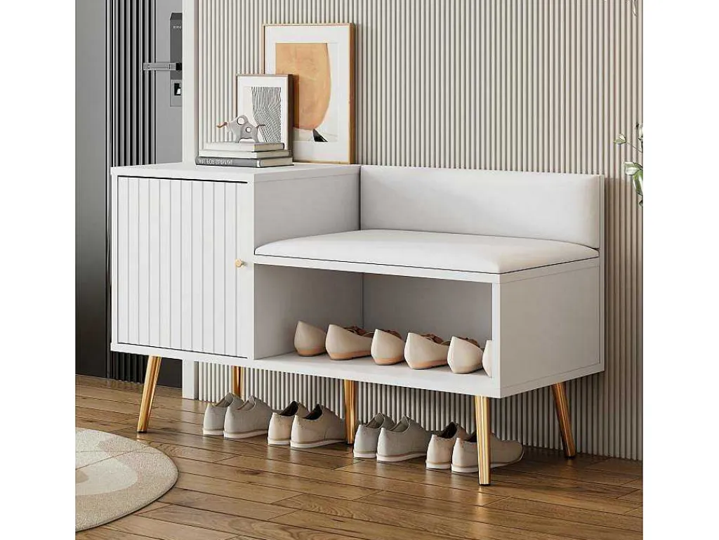 Moderne Schoenenbank Met 3 Deuren En Kussen - Metalen Poten En Handgrepen - Kleur Wit - 100 X 38 X 58 Cm-Vente-unique Clearance